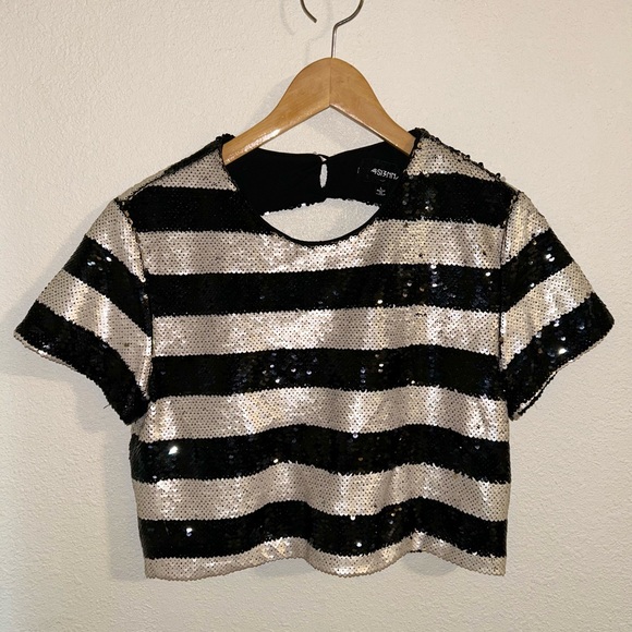 Women’s black and gray striped sequin crop top open back 4SI3NNA - Picture 1 of 5
